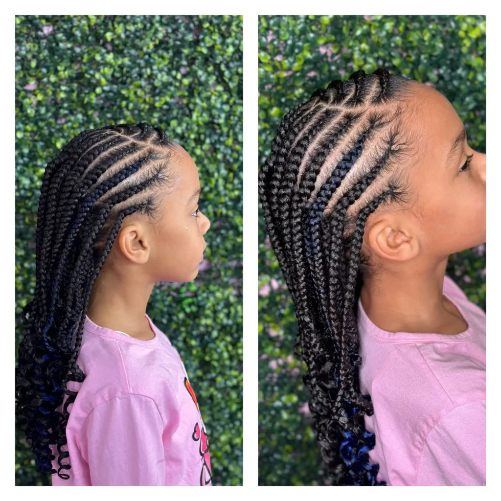 Kids style Box braids in the back with freestyle cornrows in the front KP African Hair Braiding Katy TX Hair Salon in Katy Texas best african hair braiding in